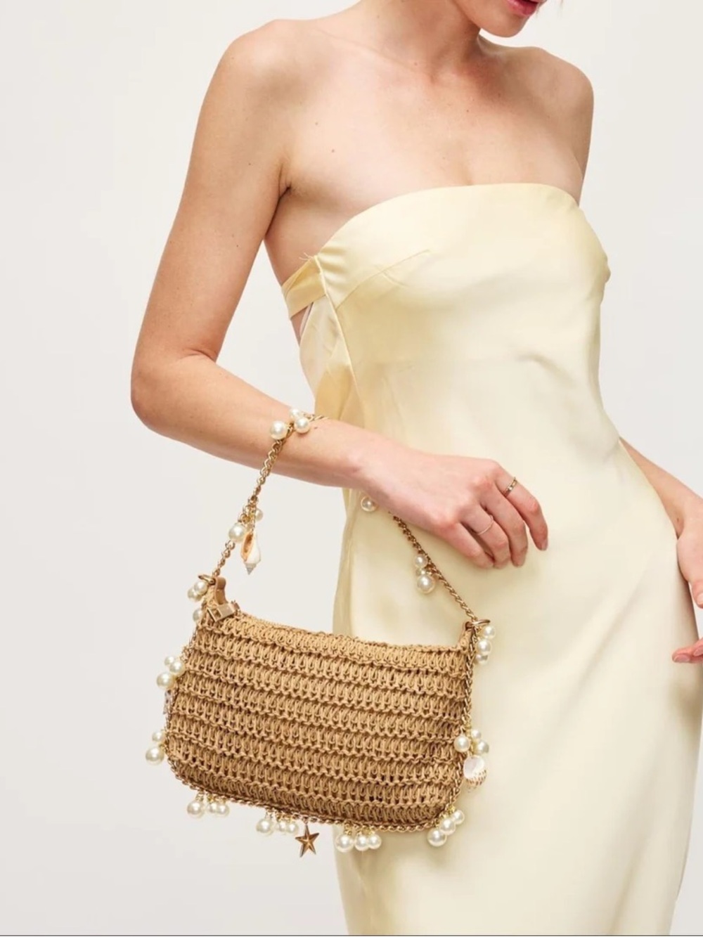 Woven Pearl-Trim Shoulder Bag in Tan